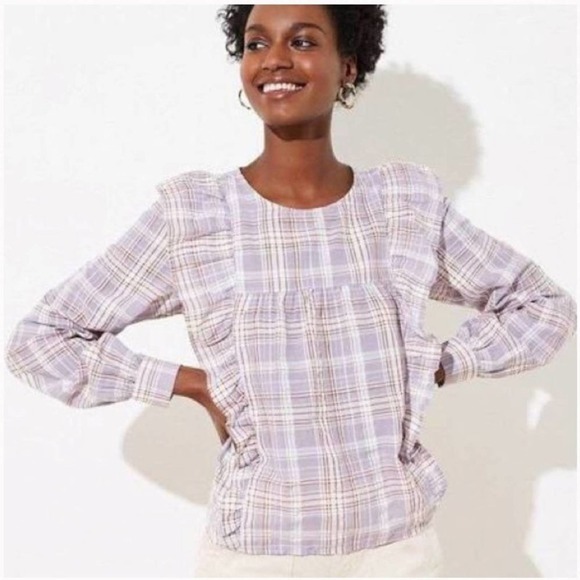 LOFT Frosted Lavender Plaid Ruffle Cropped Blouse S Small - Picture 2 of 11